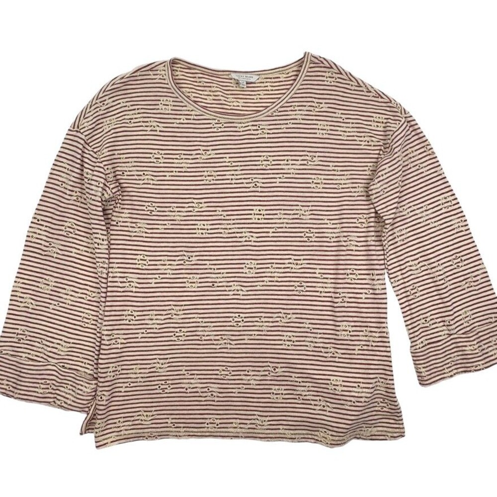 Lucky Brand Top Eyelet Striped Knit Ivory Red Sweet Boho Girly Soft Roll Cuff S